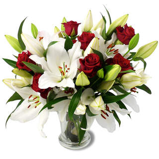 Bouquet de roses rouges et fleurs de lys blanches - Purplelovt